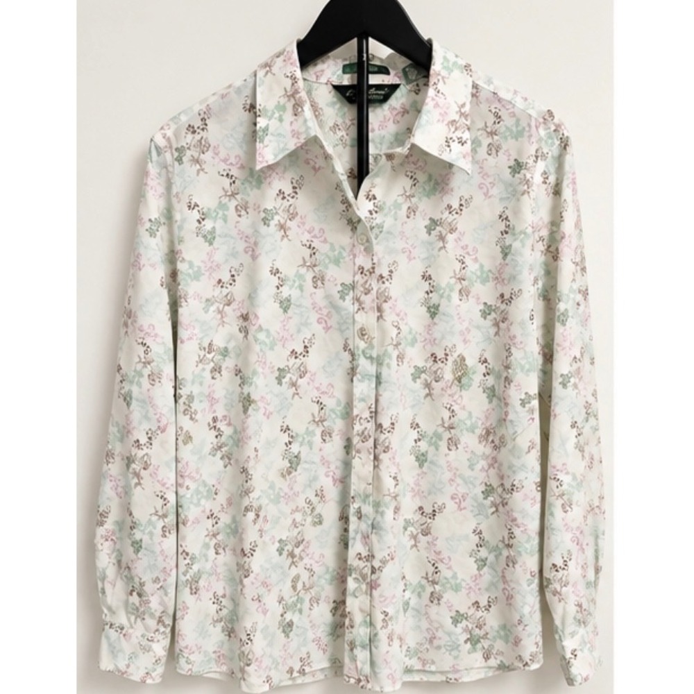 Eddie Bauer Woman Traveler Floral Button Down Shirt White Green XL Wrinkle Resis